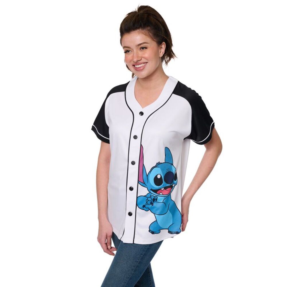 New Disney Stitch Women’s Baseball Jersey Button Down Graphic Shirt White